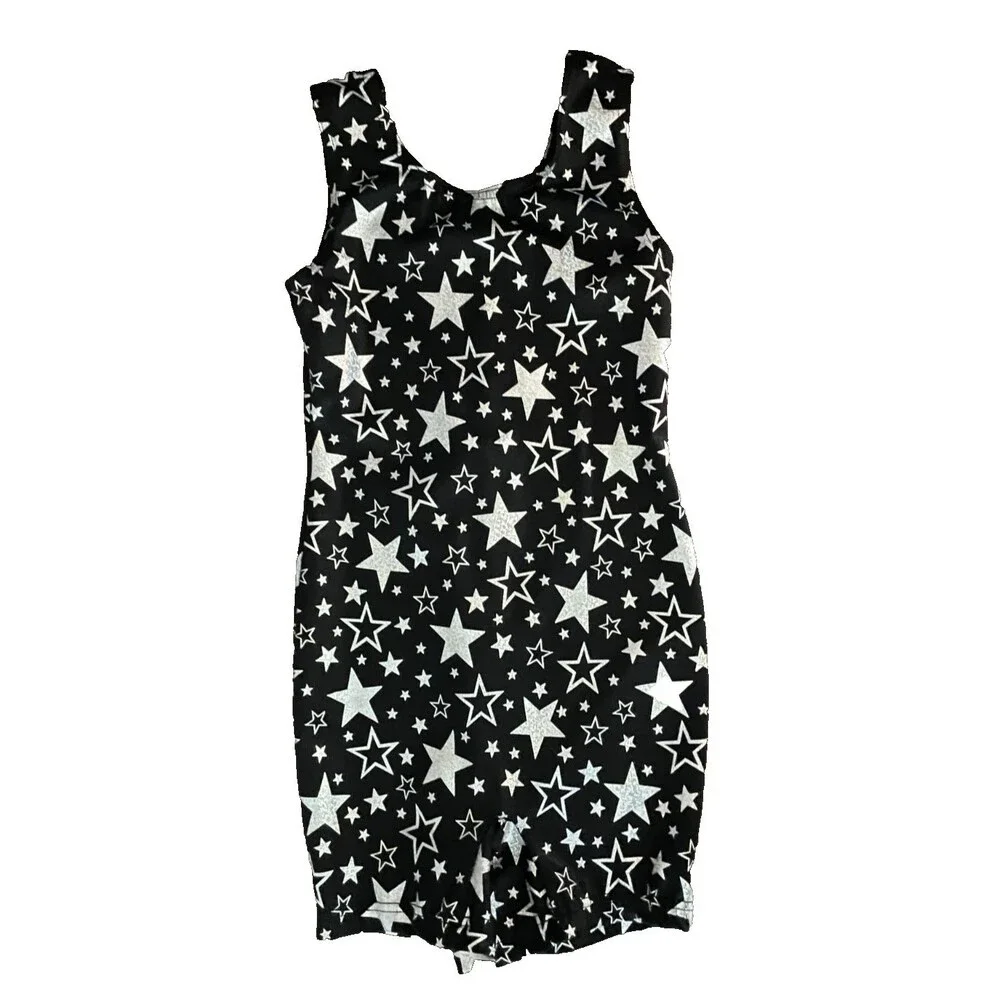 WEISSMAN Girls UNITARD Leotard Gymnastics Dance BLACK Silver STARS Sz MC (10/12)
